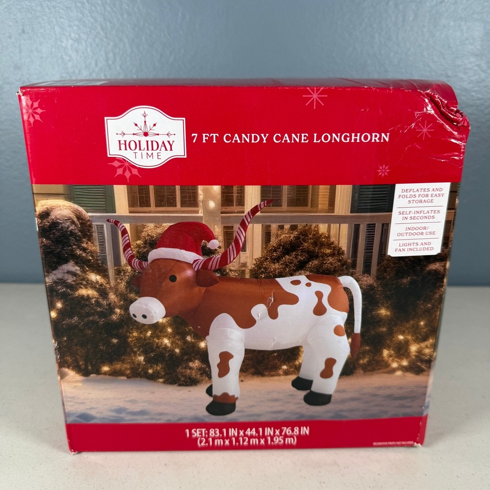 Holiday Time 7 FT Candy Cane Longhorn Christmas Inflatable LED Yard Decor New